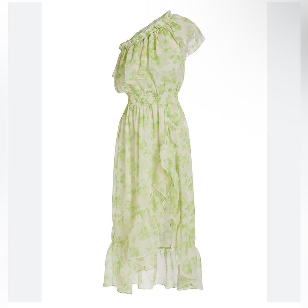 Misa Los Angeles Rumi Floral print chiffon dress green white one shoulder ruffle